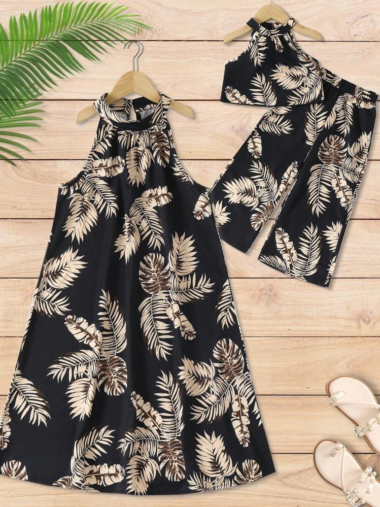 เด็กหญิงวัยหัดเดิน พิมพ์ ทรอปิคอล เสื้อท็อปคล้องคอ & กางเกงขากว้าง - สีดำ - ดู 7