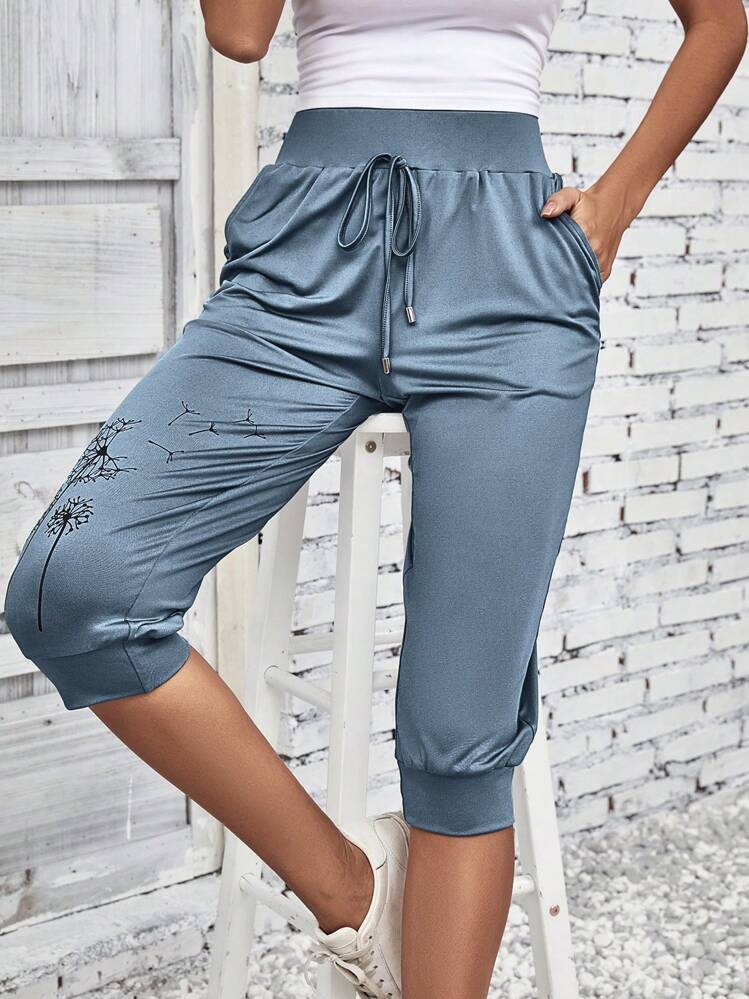 EMERY ROSE Pantalon à imprimé pissenlit à nœud à poche - Bleu azur - Voir 3