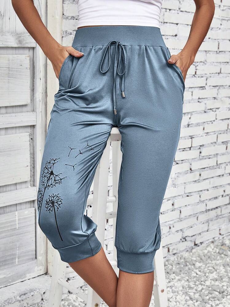 EMERY ROSE Pantalon à imprimé pissenlit à nœud à poche - Bleu azur - Voir 4