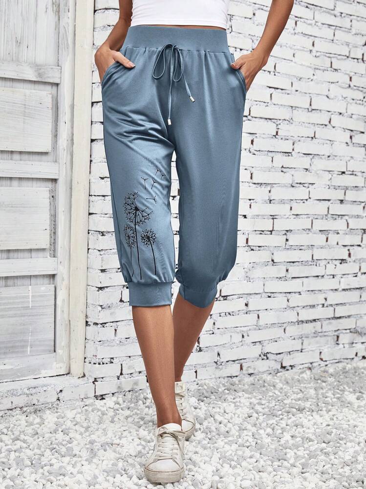 EMERY ROSE Pantalon à imprimé pissenlit à nœud à poche - Bleu azur - Voir 5