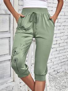 EMERY ROSE 蒲公英印花前繫帶斜口袋長褲 - 綠色 - 查看 5