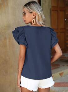 SHEIN Clasi Solid Ruffle Trim Blouse - Navy Blue - View 2