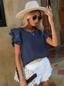 SHEIN Clasi Solid Ruffle Trim Blouse - Navy Blue - View 3