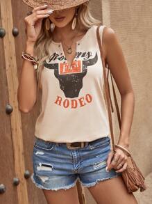 SHEIN LUNE 字母圖案缺口領背心上衣 - 卡其色 - 查看 5