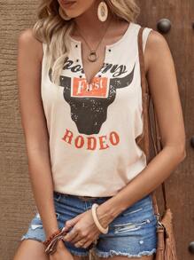 SHEIN LUNE 字母圖案缺口領背心上衣 - 卡其色 - 查看 6