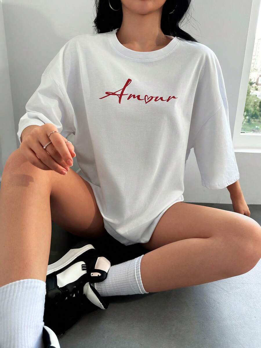 EURMUSE Letter Graphic Drop Shoulder Tee - White - View 1