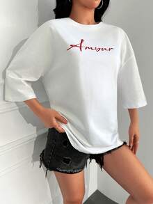 EURMUSE Letter Graphic Drop Shoulder Tee - White - View 3