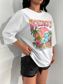 RueChic Tropical & Letter Graphic Drop Shoulder Tee - White - View 5