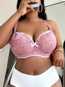 Plus Floral Lace Bow Front Underwire Bra - Dusty Pink - View 1