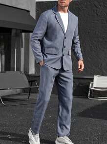 Manfinity Mode Men Striped Print Single Breasted Blazer & Suit Trousers - Grey - View 3