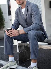 Manfinity Mode Men Striped Print Single Breasted Blazer & Suit Trousers - Grey - View 1