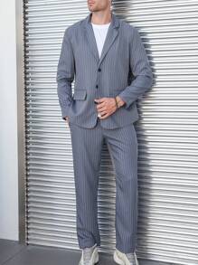 Manfinity Mode Men Striped Print Single Breasted Blazer & Suit Trousers - Grey - View 6