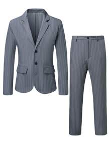 Manfinity Mode Men Striped Print Single Breasted Blazer & Suit Trousers - Grey - View 8