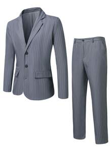 Manfinity Mode Men Striped Print Single Breasted Blazer & Suit Trousers - Grey - View 2