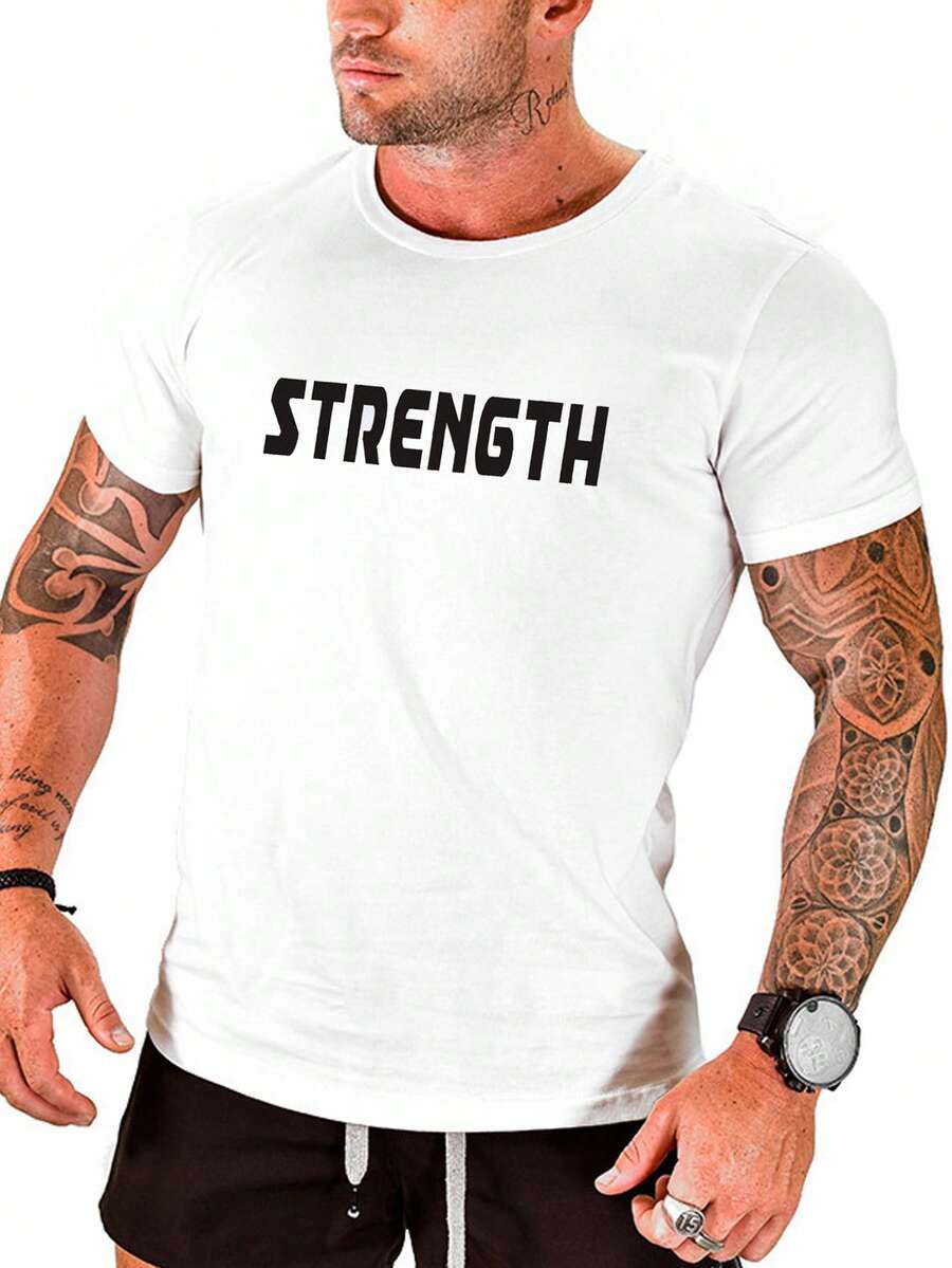 Manfinity Fitness Hombres Camiseta deportiva con estampado de letra - Blanco - Ver 1