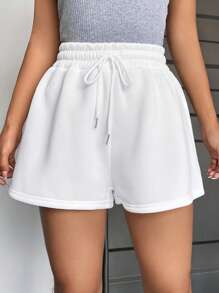 SHEIN EZwear Solid Drawstring Waist Track Shorts - White - View 1