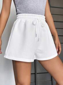 SHEIN EZwear Solid Drawstring Waist Track Shorts - White - View 3