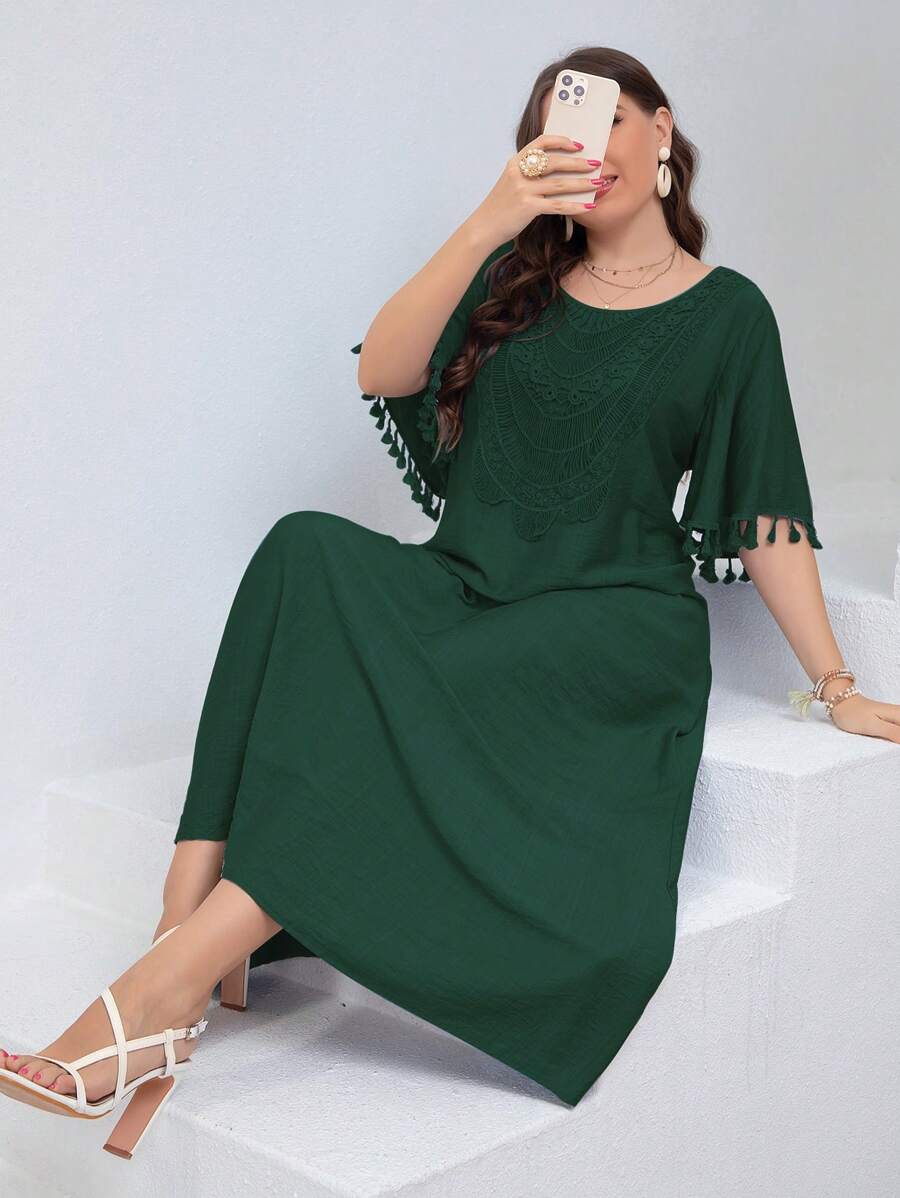 Mulvari 大碼流蘇邊蕾絲拼接連衣裙 - 墨綠色 - 查看 1