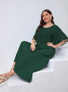 Mulvari 大碼流蘇邊蕾絲拼接連衣裙 - 墨綠色 - 查看 3