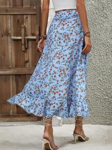SHEIN VCAY Ditsy Floral Print Ruffle Trim Asymmetrical Hem Skirt - Baby Blue - View 3