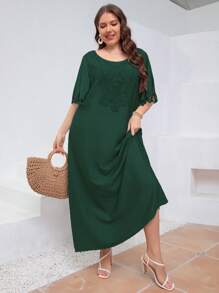 Mulvari 大碼流蘇邊蕾絲拼接連衣裙 - 墨綠色 - 查看 4