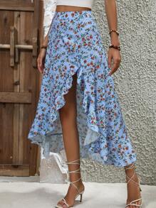 SHEIN VCAY Ditsy Floral Print Ruffle Trim Asymmetrical Hem Skirt - Baby Blue - View 7