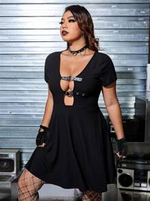 ROMWE PUNK 大碼搖滾前鏤空連衣裙不附腰帶 - 黑色 - 查看 5