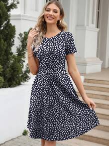 Allover Print A-line Dress - Royal Blue - View 1