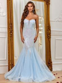 網紗拼接魚尾裙下擺亮片抹胸正式洋裝 - 淺藍色 - 查看 3