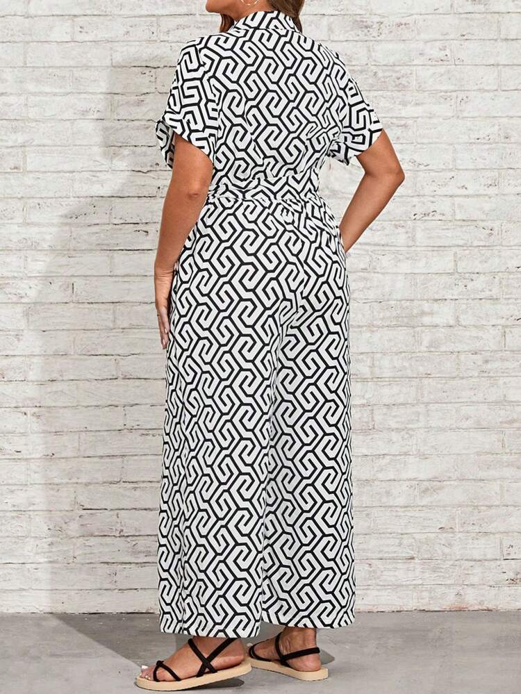 Plus Allover Print Belted Shirt Jumpsuit