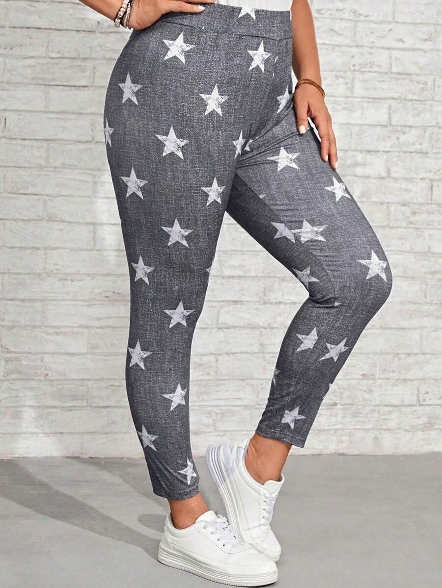 EMERY ROSE Plus Star Print Leggings - Grey - View 1