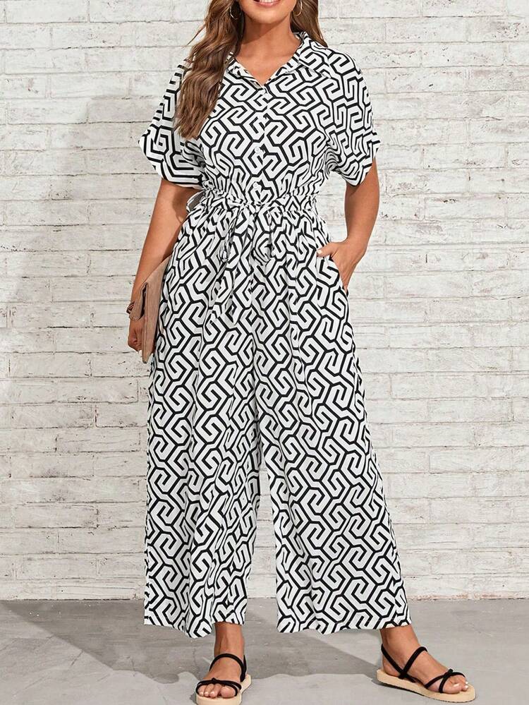 Plus Allover Print Belted Shirt Jumpsuit