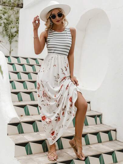 Simplee فستان بطباعة زهر مخطط