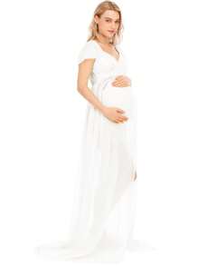 JustVH Maternity Off-Shoulder Floor-Length Dress For Maternity Photoshoot - White - View 4