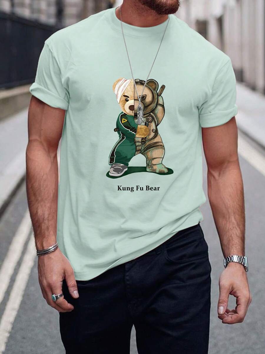 Manfinity Homme 男士熊和字母圖案T恤 - 薄荷綠 - 查看 1