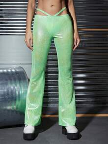 Quần nữ Buộc lại Cắt ra màu trơn Buổi tiệc - màu xanh lá - Xem 1