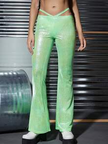 Quần nữ Buộc lại Cắt ra màu trơn Buổi tiệc - màu xanh lá - Xem 4