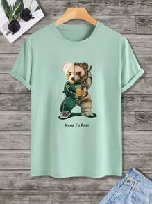 Manfinity Homme 男士熊和字母圖案T恤 - 薄荷綠 - 查看 3