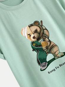 Manfinity Homme 男士熊和字母圖案T恤 - 薄荷綠 - 查看 4