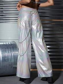 Quần nữ Nút Túi Dây kéo màu trơn Buổi tiệc - Bạc - Xem 2