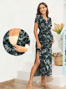 Maternity Leopard Print Split Thigh Nursing Dress - Multicolor - View 1