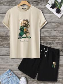 Manfinity LEGND 男士熊和字母圖案T恤和短褲 - 彩色 - 查看 4