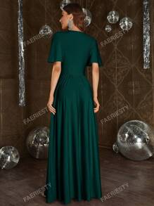 Sophisticated V-Neck Maxi Dress With Flutter Sleeves, Cinched Waist & Thigh Slit – Summer Formal Wear For Galas, Upscale Dinners, Evening Events Bridesmaid Dress