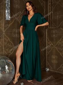 Sophisticated V-Neck Maxi Dress With Flutter Sleeves, Cinched Waist & Thigh Slit – Summer Formal Wear For Galas, Upscale Dinners, Evening Events Bridesmaid Dress