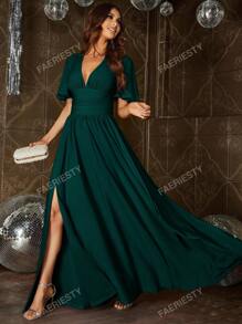 Sophisticated V-Neck Maxi Dress With Flutter Sleeves, Cinched Waist & Thigh Slit – Summer Formal Wear For Galas, Upscale Dinners, Evening Events Bridesmaid Dress
