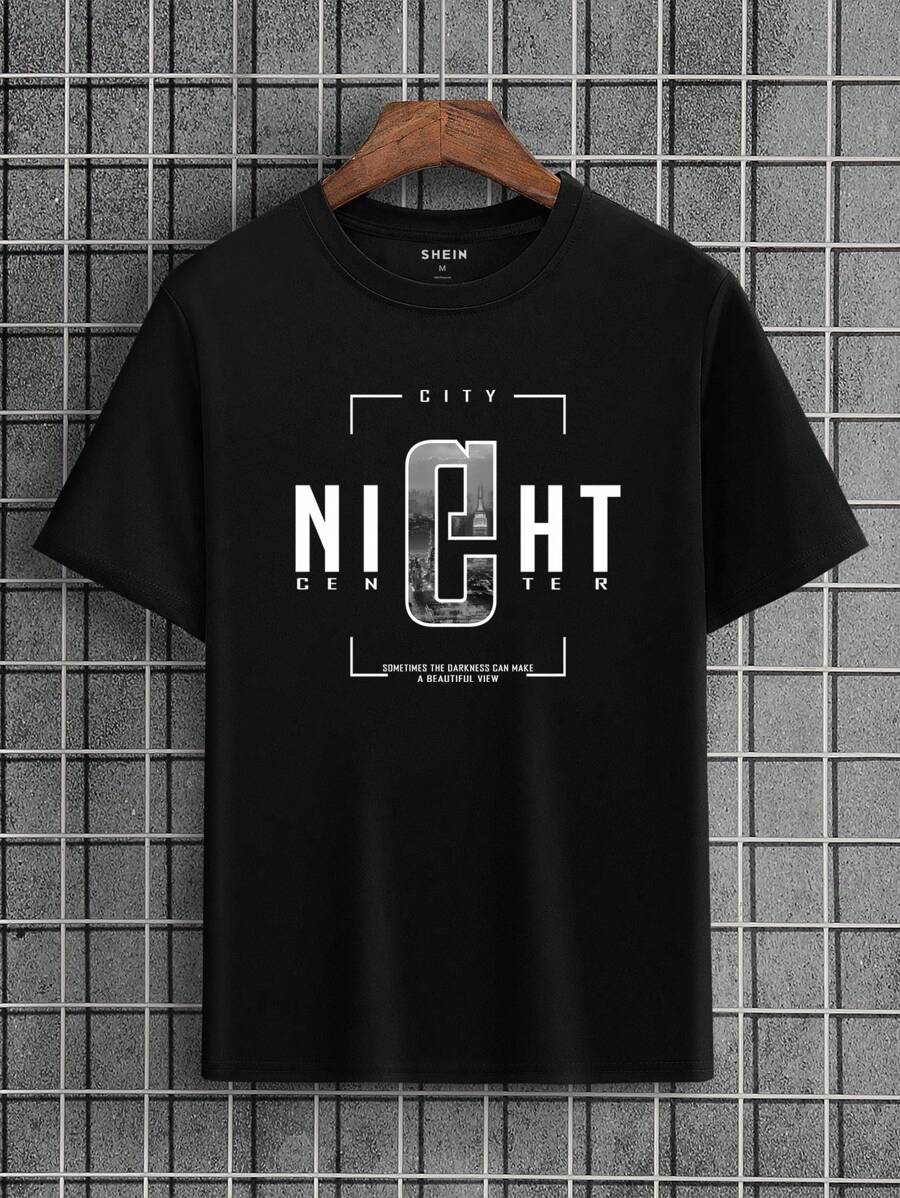 男士字母圖案T恤 - 黑色 - 查看 1