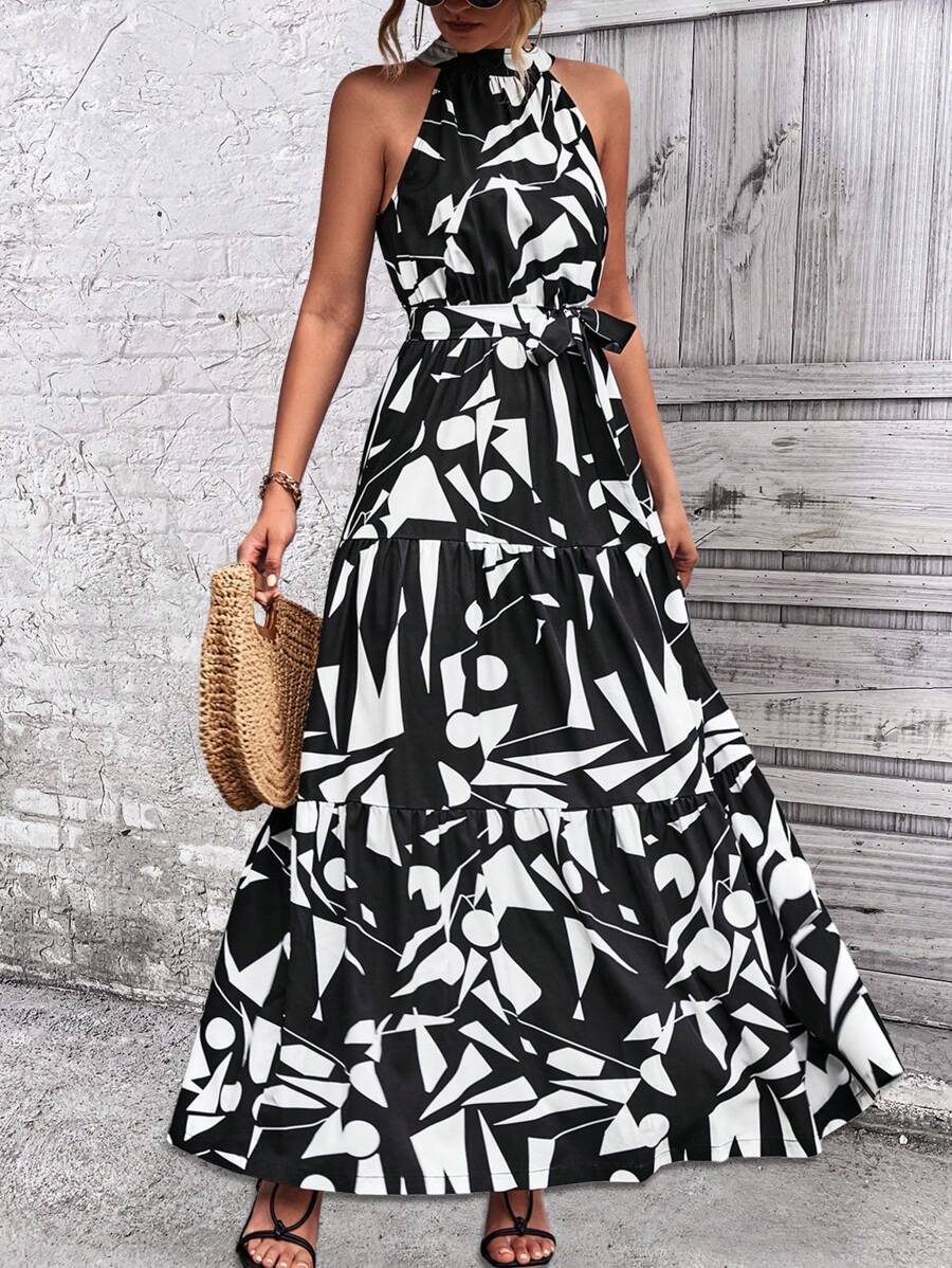 Breezaya 滿版幾何圖案腰帶掛脖洋裝 - 黑色 - 查看 1