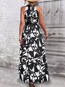 Breezaya 滿版幾何圖案腰帶掛脖洋裝 - 黑色 - 查看 2