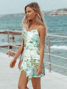 Simplee Graphic Print Draped Collar Belted Cami Dress - Multicolor - View 4