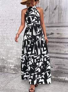 Breezaya 滿版幾何圖案腰帶掛脖洋裝 - 黑色 - 查看 3